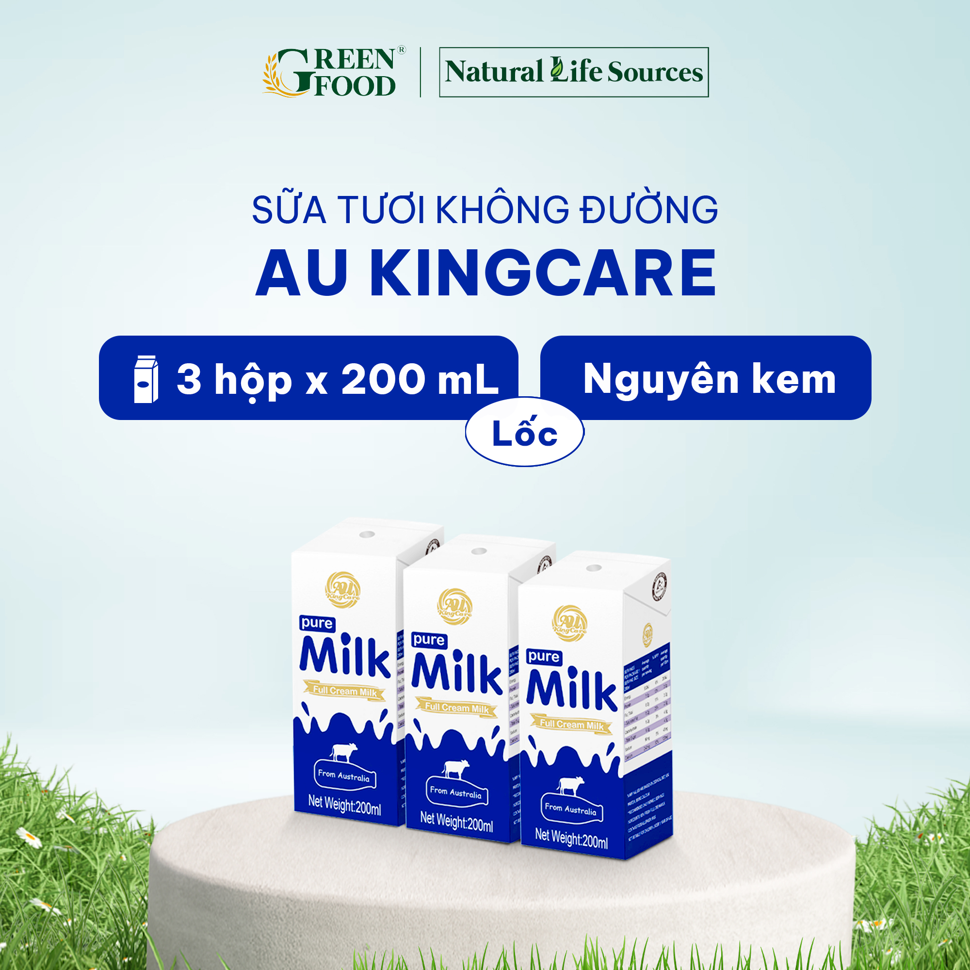 Lốc 3 Hộp Sữa tươi không đường AU KingCare nguyên kem, tiệt trùng 200ml