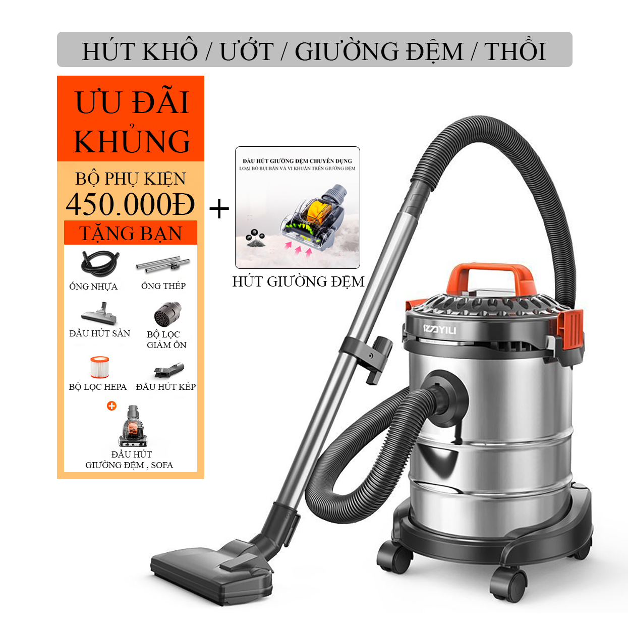 Máy hút bụi gia đình- máy hút bụi công nghiệp công suất lớn 1200W, dung tích bình chưa 15L, tích hợp 3 chế độ khô, ướt, thổi- BẢO HÀNH 2 NĂM