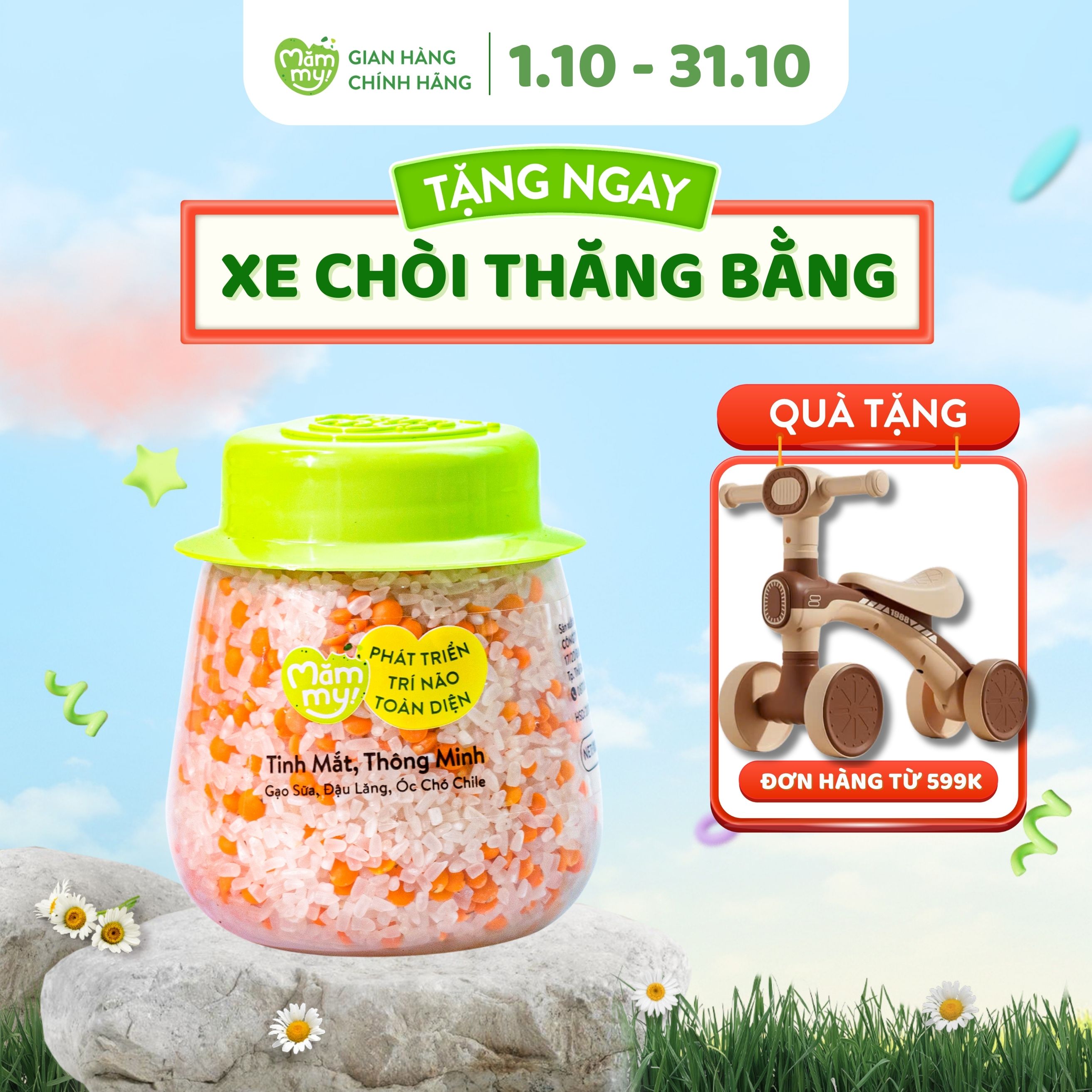 Hạt mix Mămmy cho bé ăn dặm tinh mắt thông minh trên 6 tháng gạo sữa, đậu lăng và óc chó chile, hũ 1