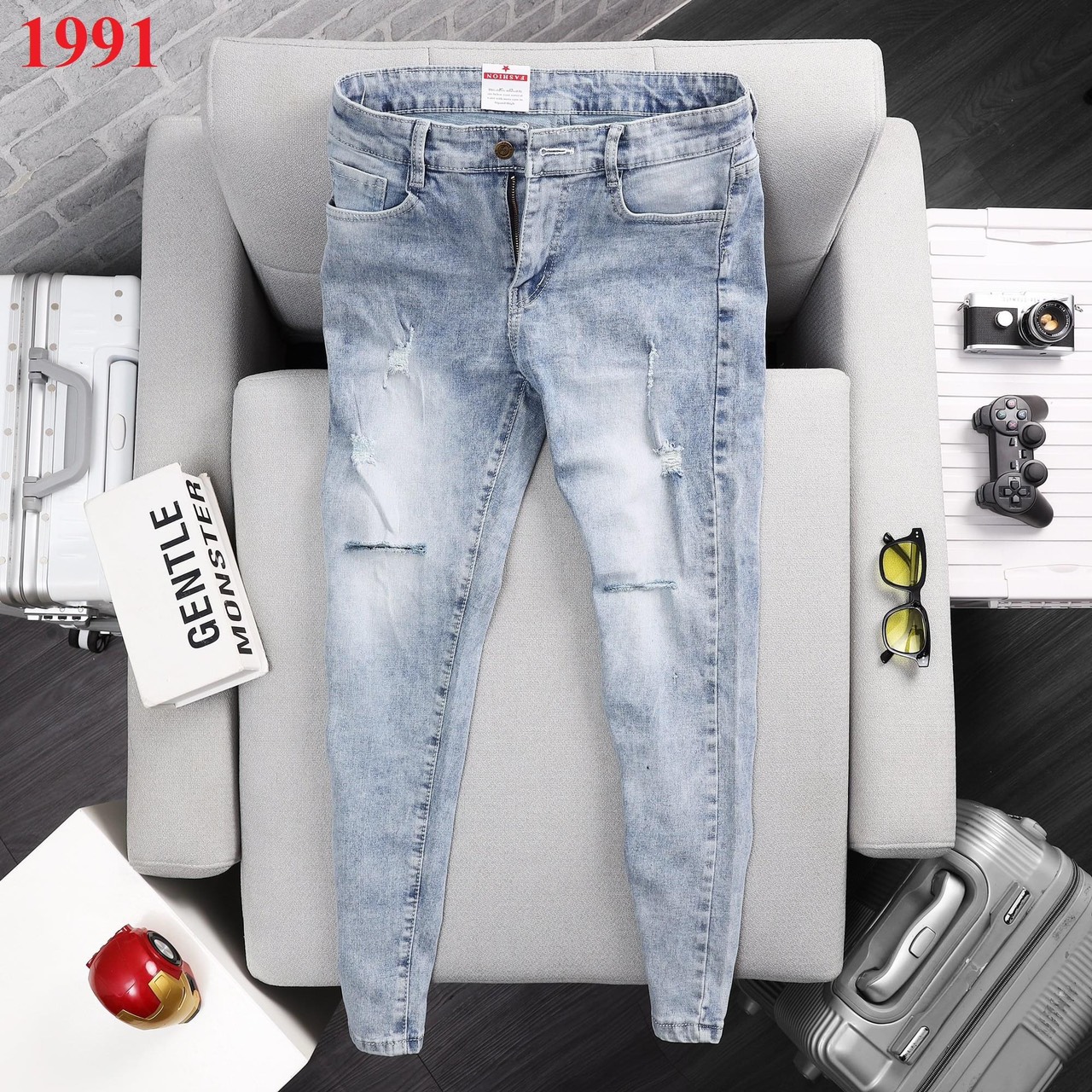Quần jeans nam rách gối xanh trắng chất bò co dãn kj1991 violetstore