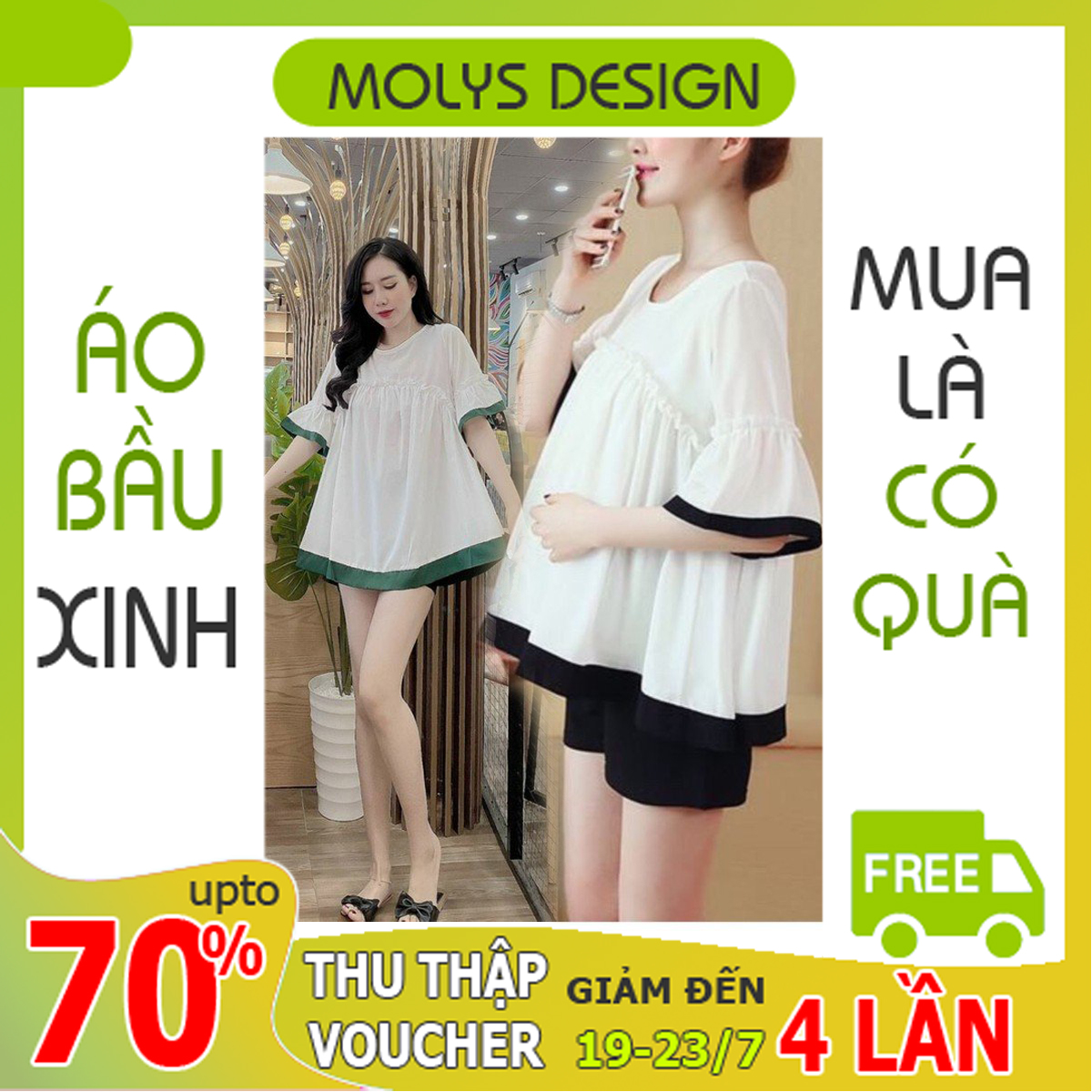 Áo bầu dáng babaydoll tay loe phối viền đen đi làm đi chơi dễ phối đồ HT8850