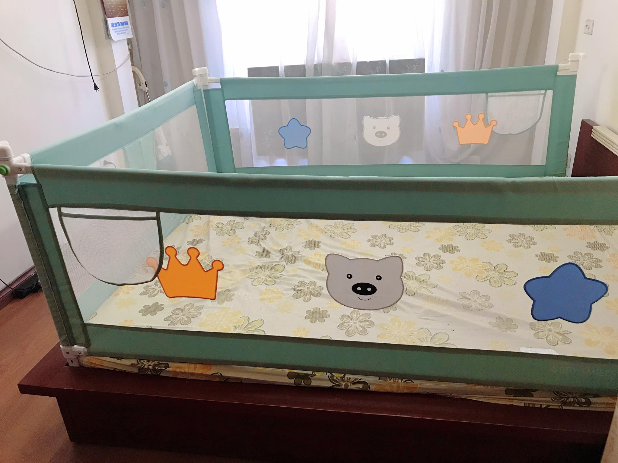 Thanh chắn giường baby smiles cao cấp hoạ tiết 3d màu xanh mint