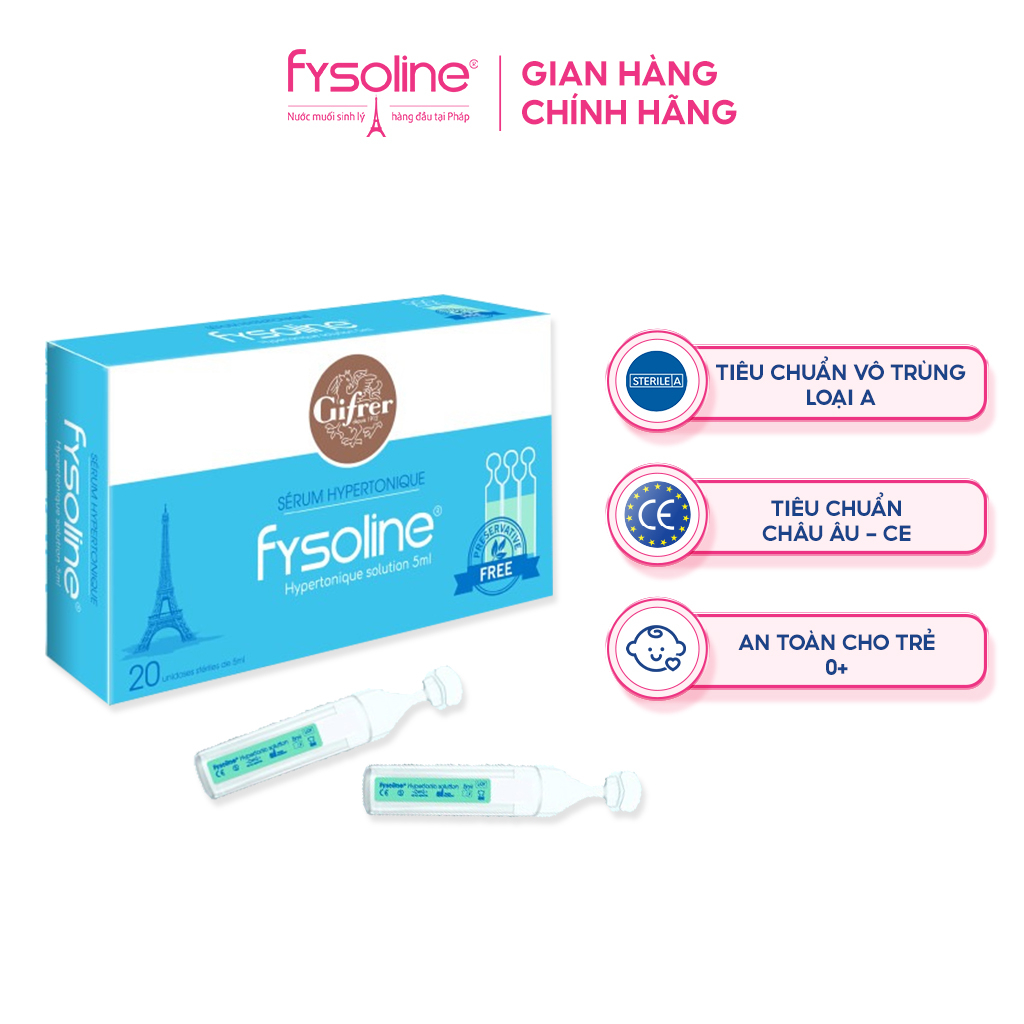 Nước muối ưu trương FYSOLINE kháng khuẩn, hỗ trợ viêm mũi, nghẹt mũi, dị ứng cho bé (Hộp xanh 20 ống x 5ml)