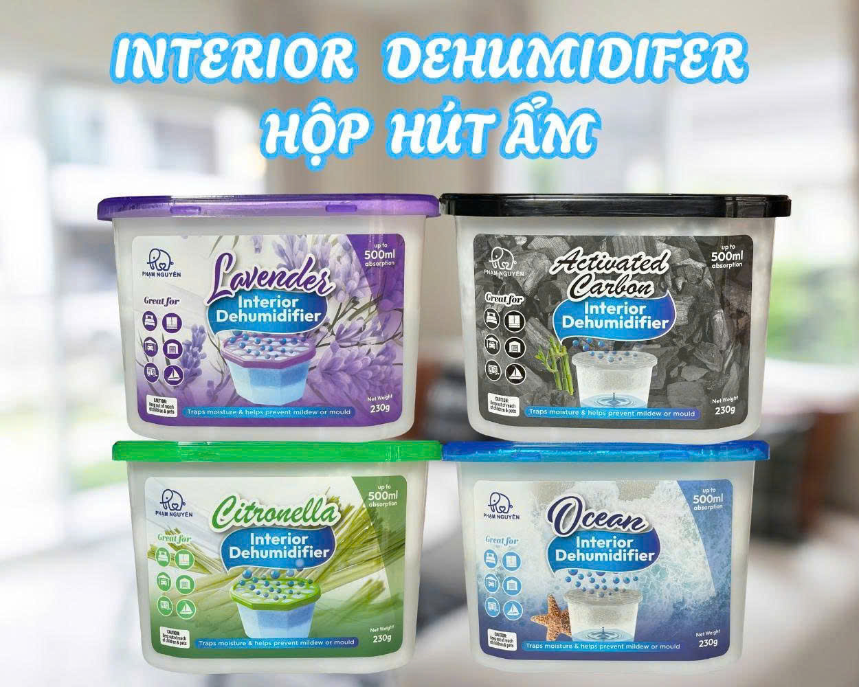 (SGT) Hộp hút ẩm, khử mùi, chống mốc INTERIOR hộp 230gr/500ml, dùng cho tủ quần áo, tủ giày, dép...