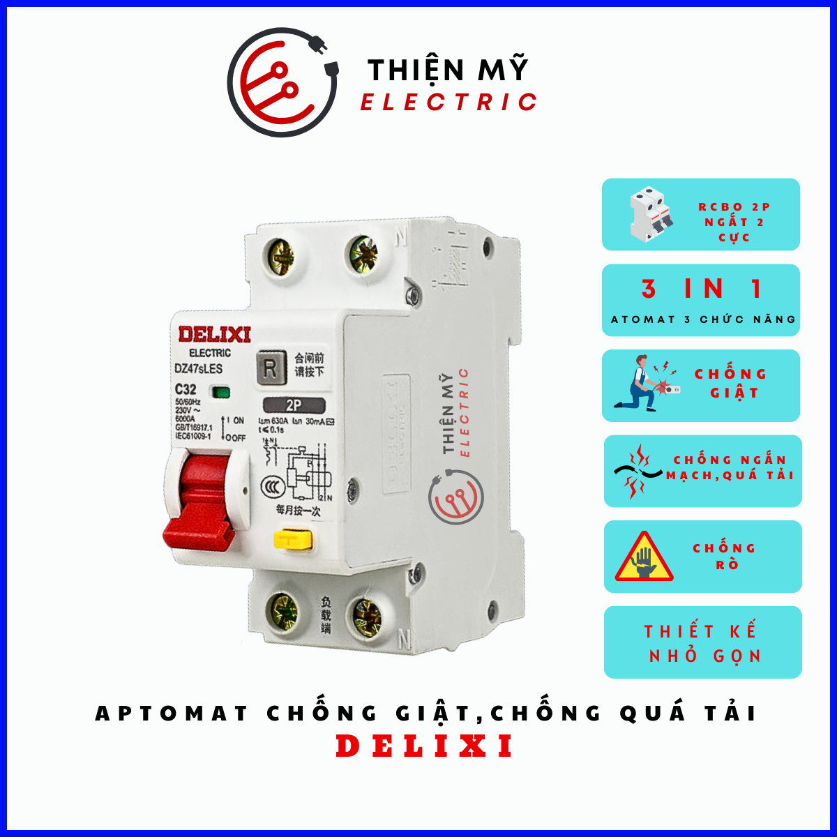 Rcbo aptomat 32a/40a/63a chống giật, chóng dòng rò, chống chạm chập, quá tải delixi