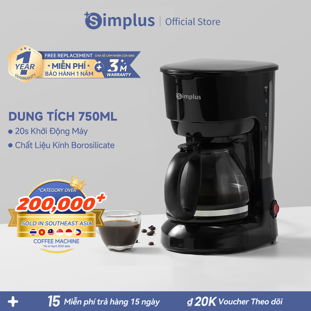 Simplus Máy pha cà phê Máy pha cà phê lọc gia đình Dung tích lớn 750ml Pha trà pha cà phê tiện dụng KFJH011- Bảo hành 1 năm 1 đổi 1