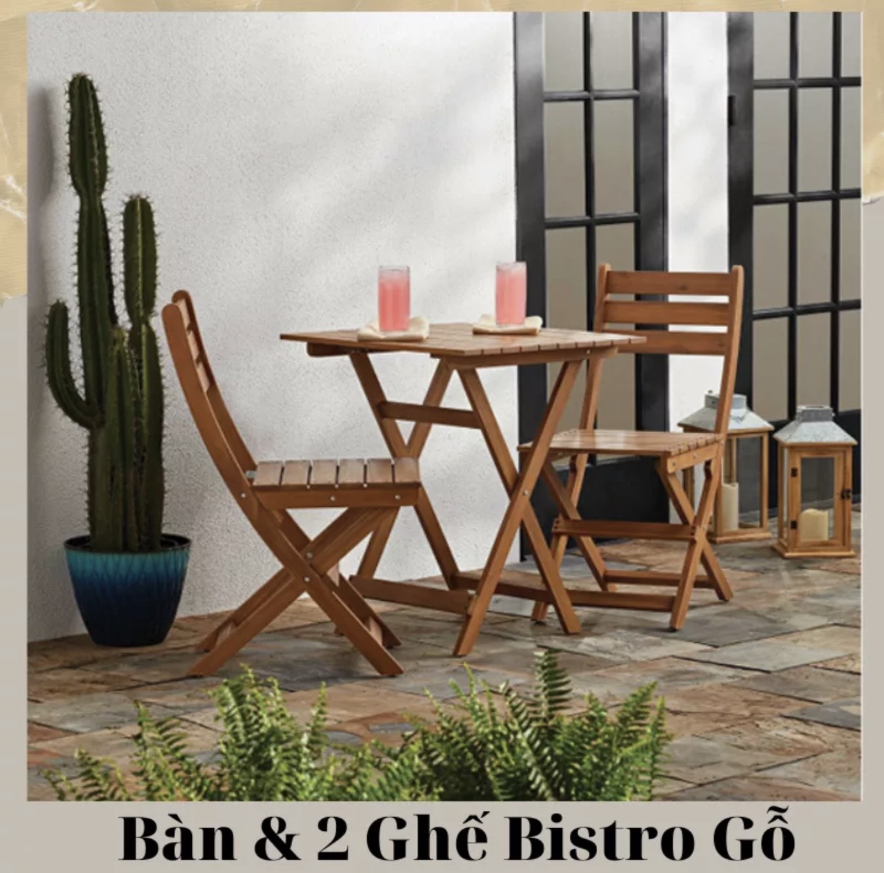 Bộ bàn 2 ghế Cafe Bistro gỗ tự nhiên - Bàn ghế Cafe ban công sân vườn - Bàn & 2 Ghế ban công chung cư - Hàng Cao cấp Xuất khẩu Hàn Quốc