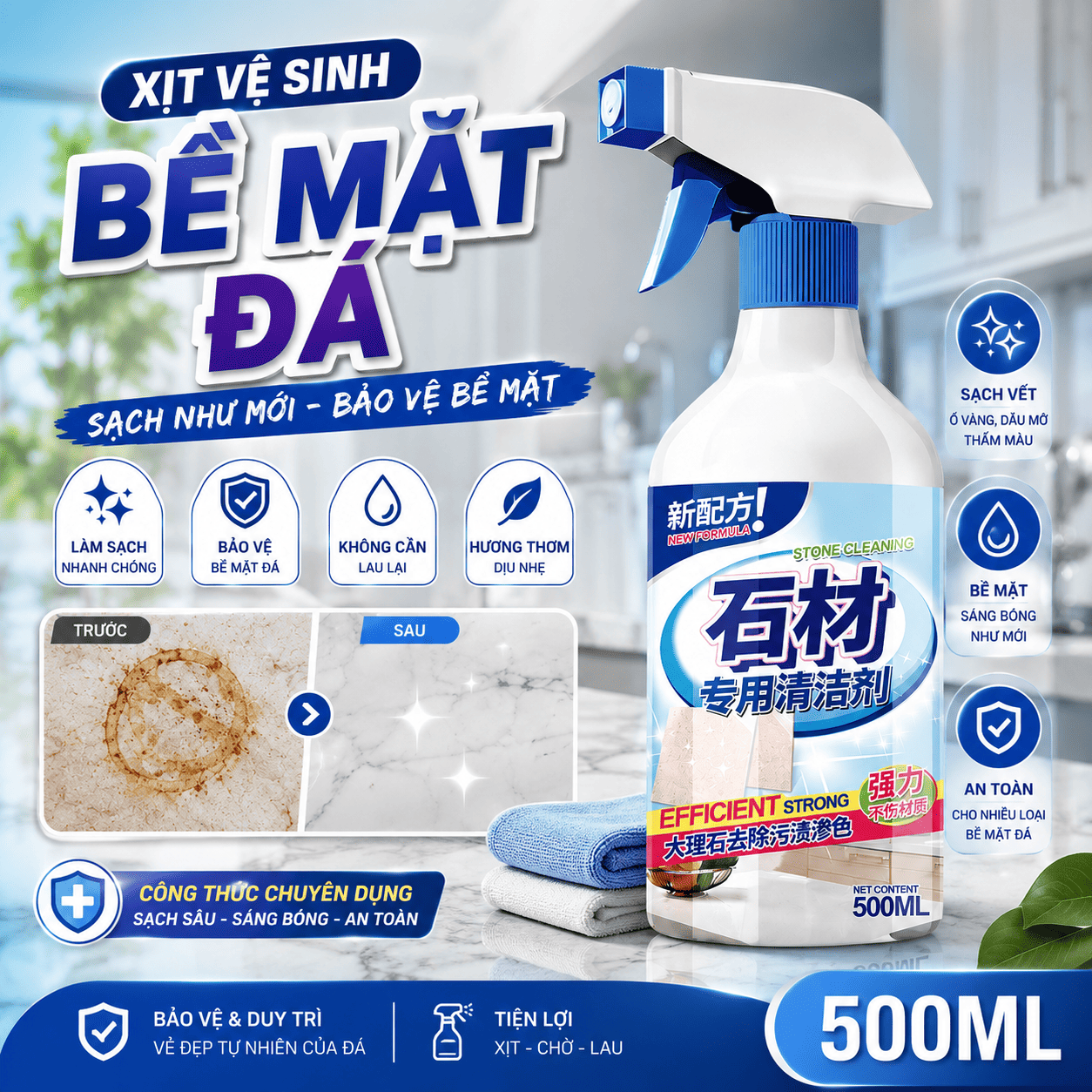 Xịt tẩy làm sạch bề mặt đá hoa cương công nghệ Nhật Bản BASHIYOMI 500ml đá thạch anh, gạch men, mặt bàn bếp ,sàn nhà