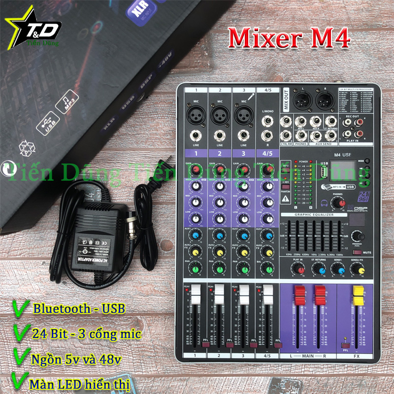Bàn Mixer M4 USB bảo cao cấp vượt trợi các dòng mixer f4 và mixer f7 có blueooth usb màn hình led hiển thị hỗ trợ 48v và 5v - Mixer M4 USB có 100 hiệu ứng thảo mái karaoke và livestream