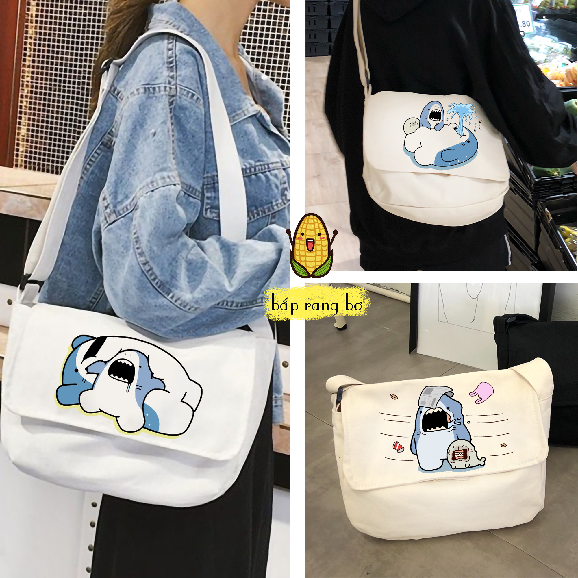 TÚI VẢI ĐEO CHÉO CÁ MẬP MŨM MĨM CÓ TÚI CON ĐỂ SÁCH A4 TOTE CANVAS ĐI HỌC ĐI CHƠI