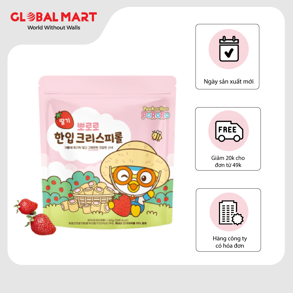 Bánh Ăn Dặm Cho Bé PORORO Cuộn Giòn Vị Dâu Nhập Khẩu Hàn Quốc Túi 60 Gram