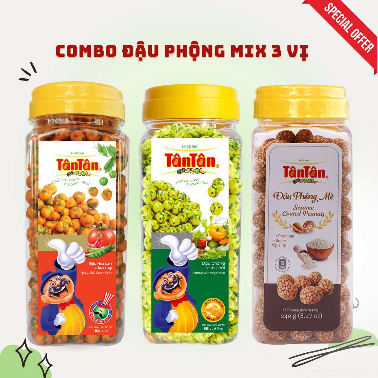 Combo 3 hủ đậu phộng tân tân: hl chua cay 190g, rau cải 190g, mè 240g