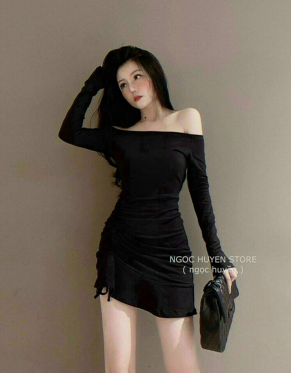 Đầm thun body trễ vai rút dây siêu xinh