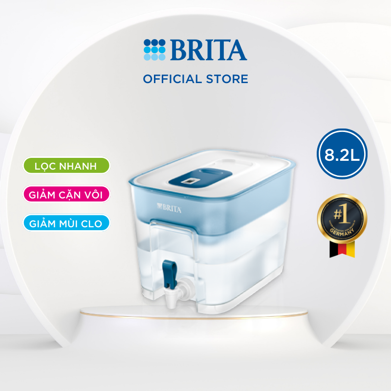 Bình lọc nước BRITA Flow Basic Blue dung tích 8.2L, chất liệu nhựa cao cấp không chứa BPA, công suất lõi lọc 100L, kèm Maxtra Plus