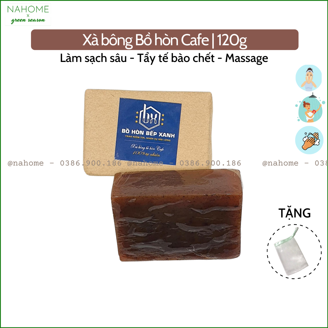 Xà Bông bồ hòn cà phê dùng cả rửa mặt và tắm, làm sạch sâu, tẩy tế bào chết, mùi tinh dầu sả chanh, dạng bánh 120gr - Xà Phòng Bồ Hòn Bếp Xanh đã được kiểm định chất lượng Nahome