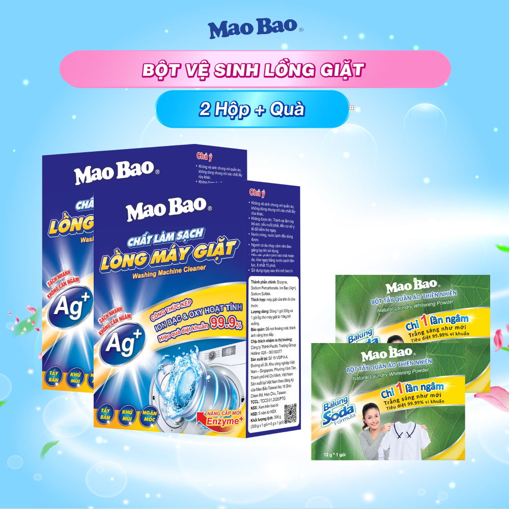 Combo 02 Hộp Chất Làm Sạch Máy Giặt Ag+ Mao Bao 306g - Tặng 02 Túi Bột Tẩy Quần Áo Thiên Nhiên 12g