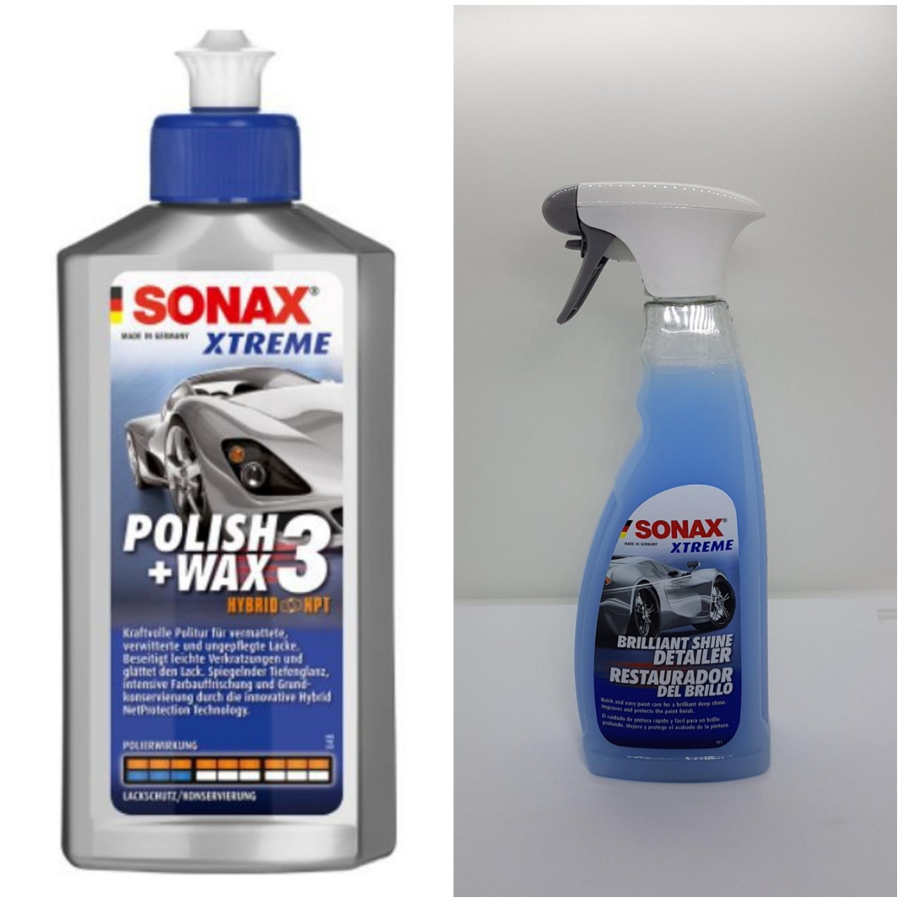 Combo chai xóa xước đánh bóng bảo vệ sơn sonax xtreme polish + chai xịt làm bóng sơn nhanh rực rỡ màu sơn