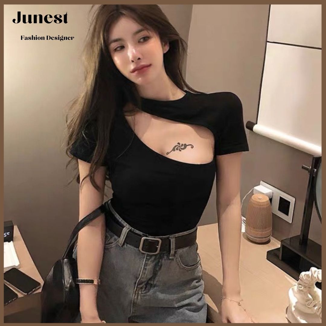 Áo thun body nữ tay ngắn JUNEST cotton cổ tròn khoét ngực chéo Cut Out Top AKN02