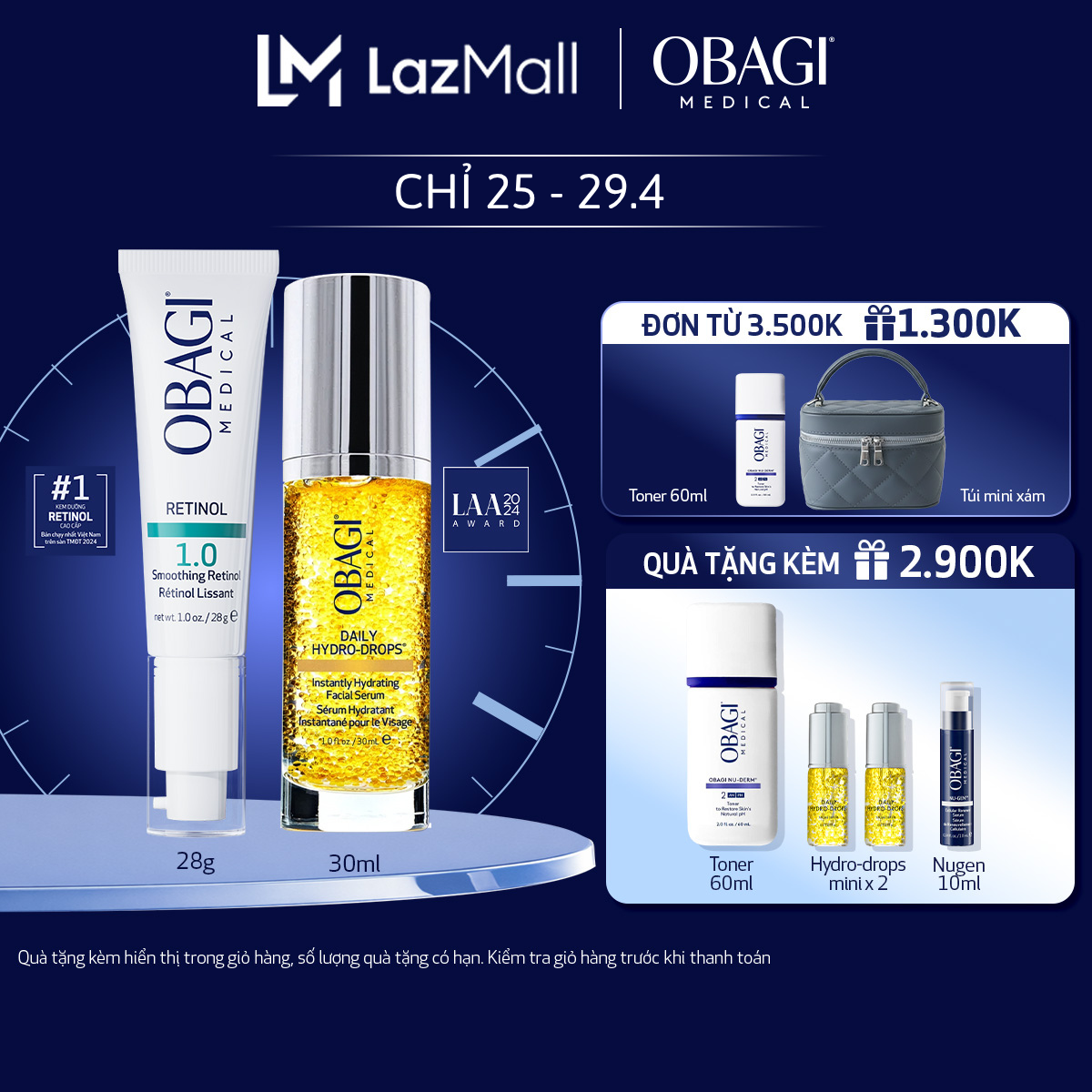 Bộ đôi dưỡng da Kem Chống Lão Hóa  Tái Tạo Da Obagi Retinol 1.0 28g và Serum Cấp nước Dưỡng ẩm Hydro Drops 30ml