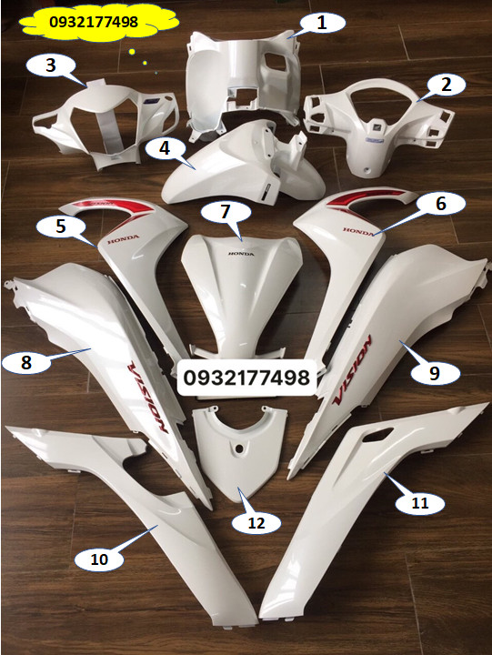 Nhựa màu 12 món màu trắng tem đỏ vision đời 2015 đến 2020 xài chung zin chính hãng honda