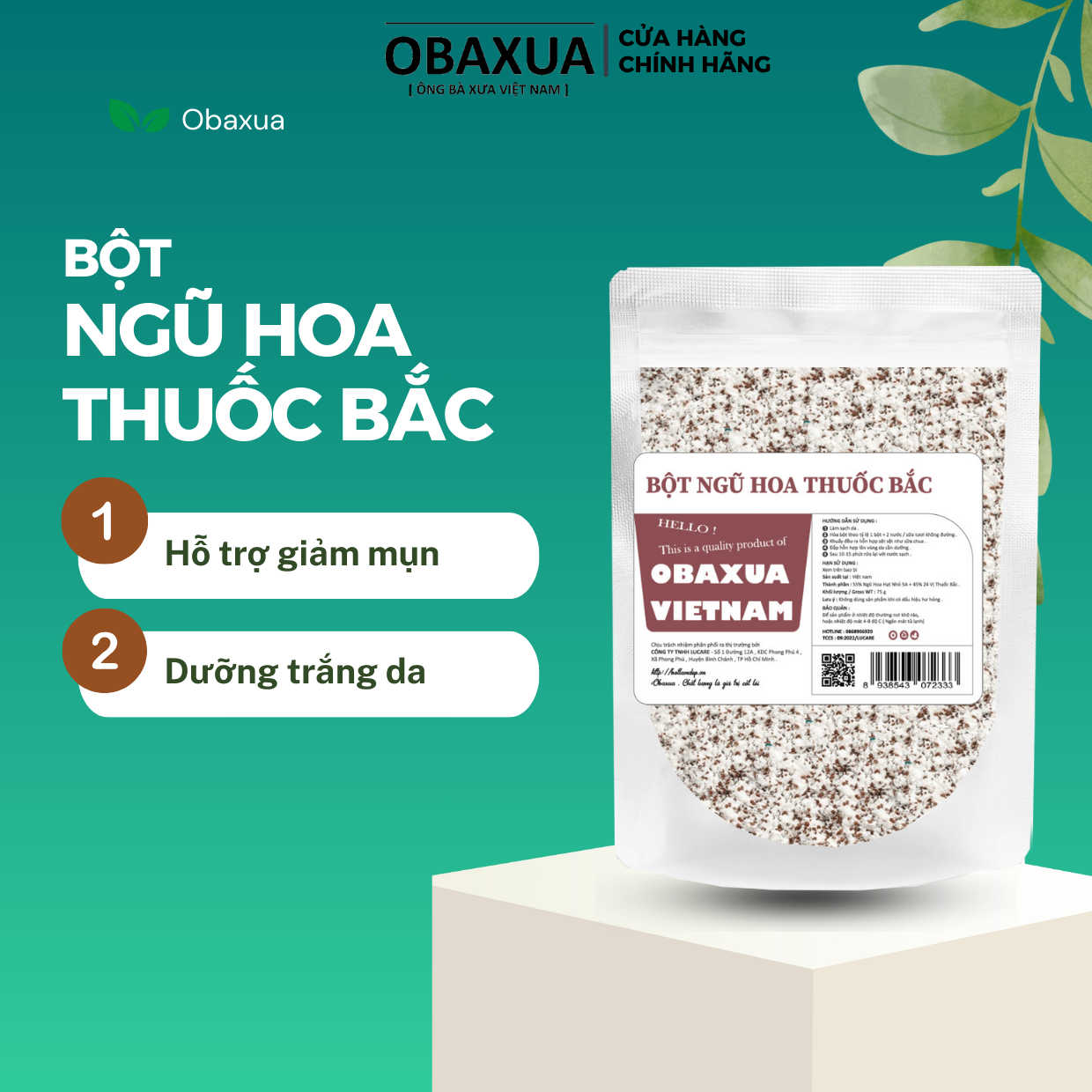 Mặt nạ bột Ngũ Hoa hạt Thuốc Bắc OBAXUA nguyên chất giúp giảm mụn, dưỡng trắng da 75Gr