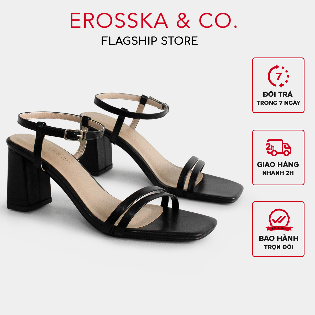 Erosska - Sandal cao gót mũi hở đế vuông phối dây quai mảnh cao 7cm màu