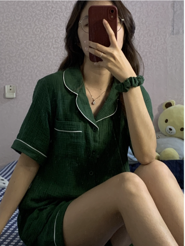 Pyjama xô muslin màu xanh lá siêu dễ thương