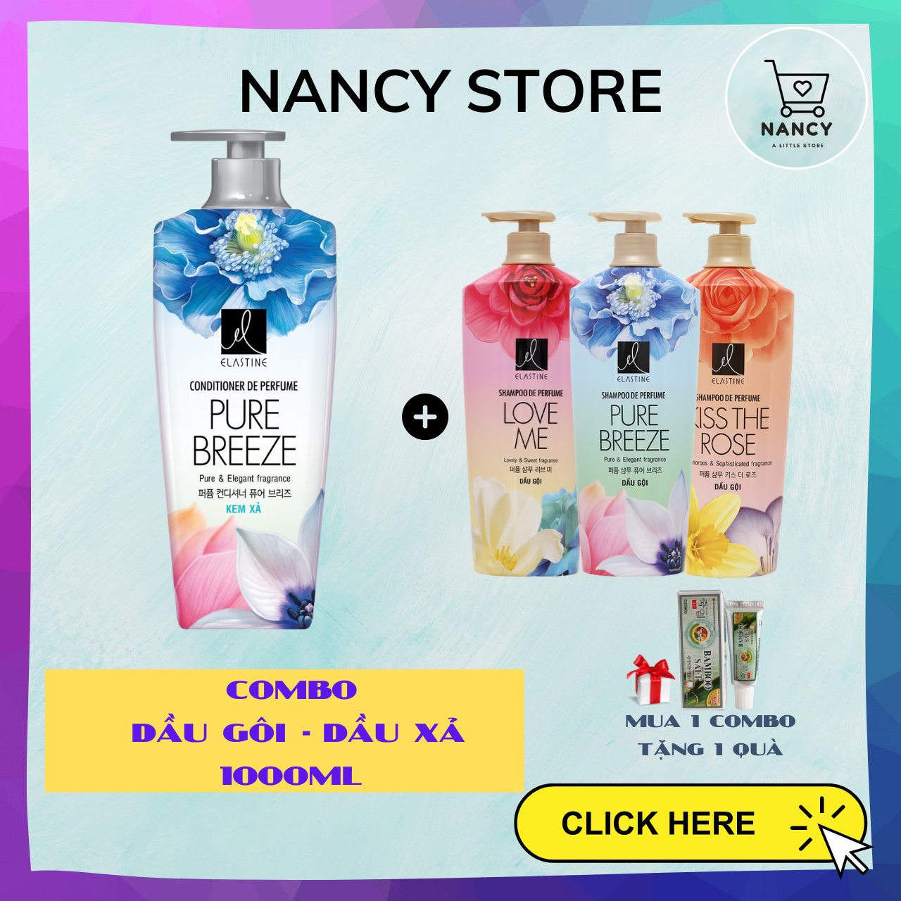 COMBO Dầu gội Elastine hương nước hoa  1000 ML- Dầu xả Elastine dưỡng tóc hương nước hoa Breeze - Hàn Quốc 600ml