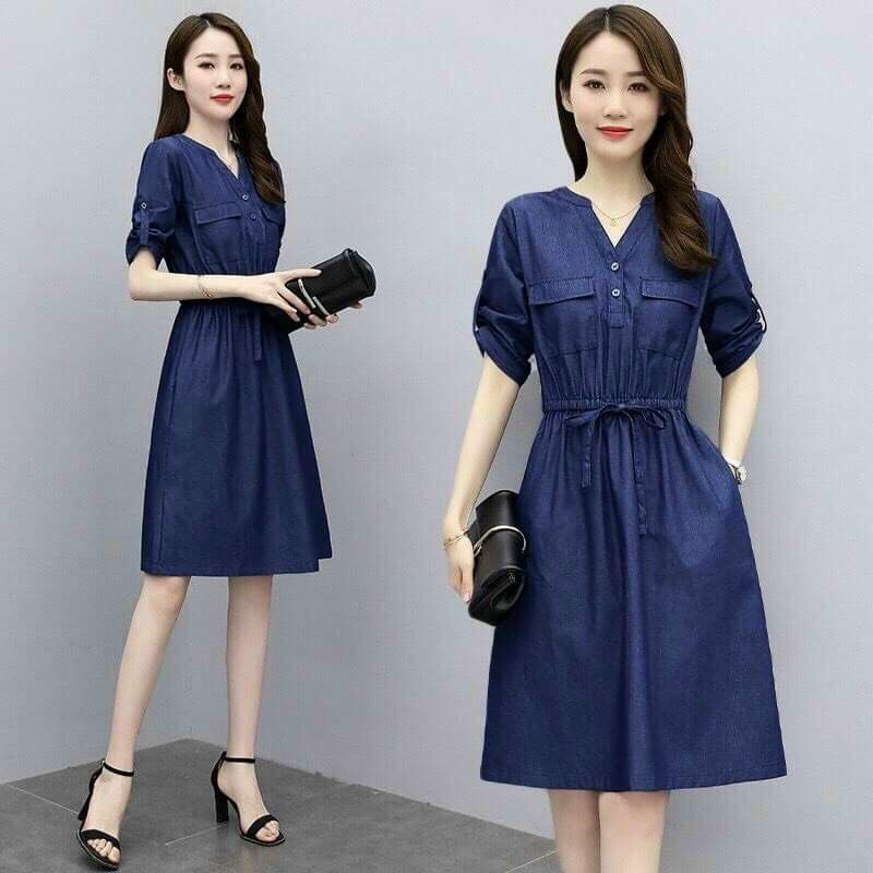 Đầm jean xòe eo cổ V, đầm jean dáng xòe, đầm jean mẫu mới, đầm jean nữ, đầm jean đẹp, đầm jean dài, đầm jean