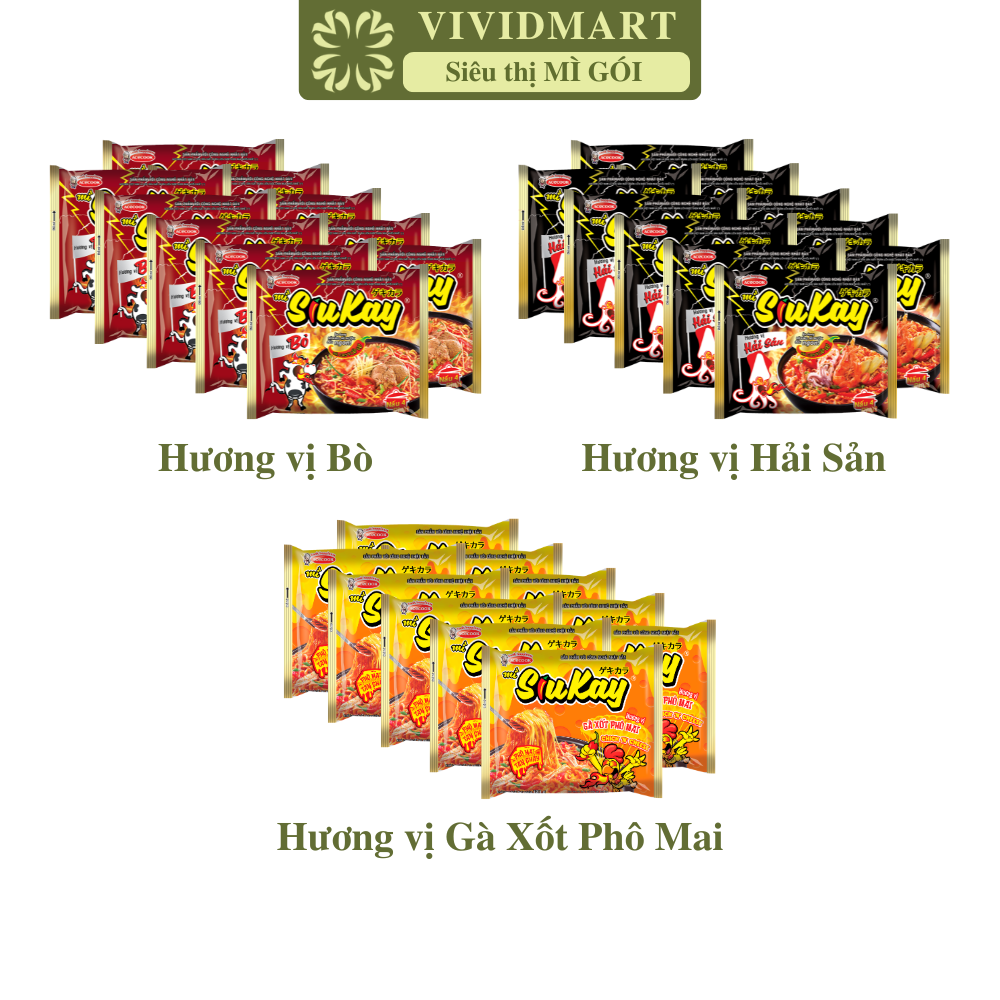 [SET 10 GÓI] - ACECOOK - Mì Siukay 3 vị: Hải sản, Bò, Gà xốt phô mai, Mì cay 7 cấp độ, Mì Siu Kay Acecook (127-131g/gói)