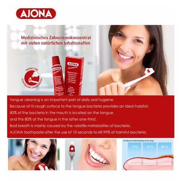 Kem đánh răng y tế Ajona Đức; tuýp 25ml; chống hôi miệng, sâu răng, mảng bám, cho người viêm răng lợi.