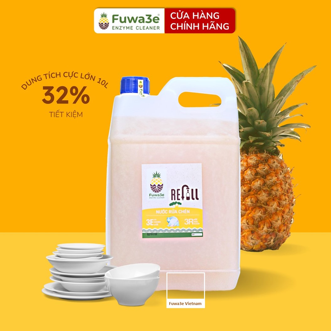 Nước rửa chén hữu cơ FUWA3E enzyme sinh học dứa 10L – An toàn cho da, tiết kiệm 30% nước