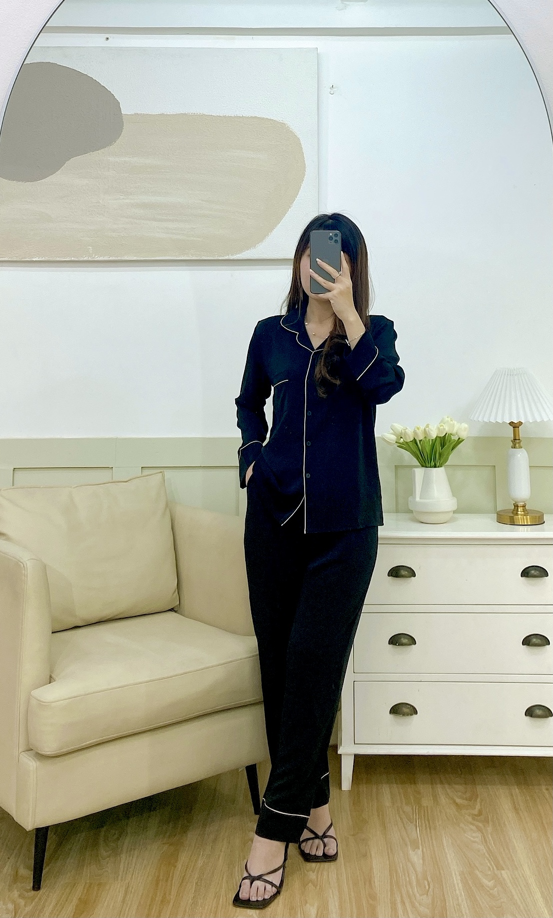 Pijama Đồ ngủ - Đồ mặc nhà Lụa Tay dài quần dài Satino - Black & Dark Blue