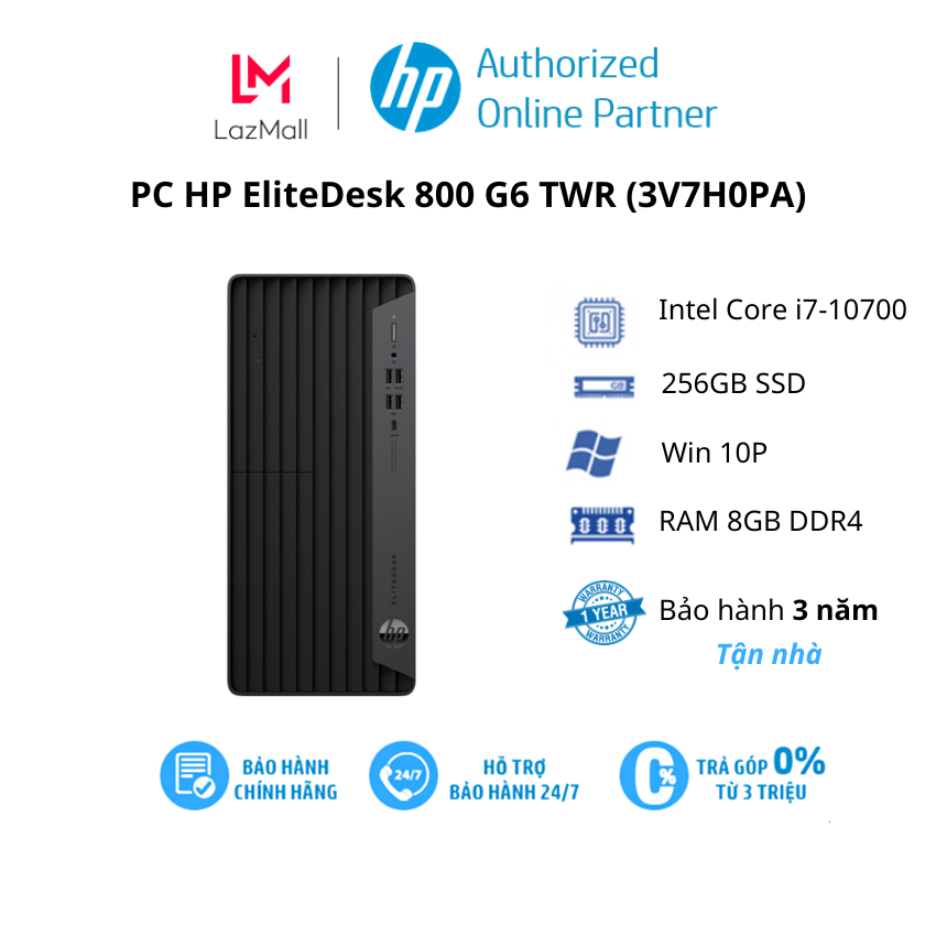 Máy tính để bàn HP EliteDesk 800 G6 TWR (3V7H0PA)/ ĐEN/ Intel Core i7-10700 (up to 4.8Ghz, 16MB)/ RAM 8GB DDR4/ 256GB SSD/ Intel UHD Graphics/ WL + BT/ Key&Mouse/ Win 10P/ 3Yrs