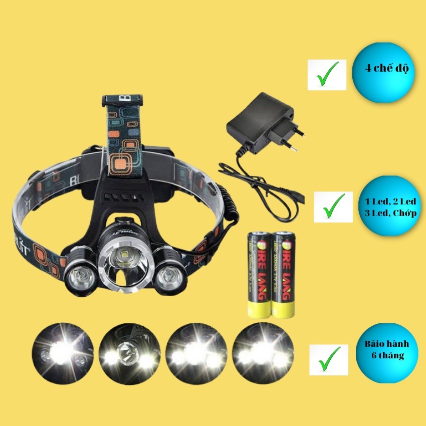 Giá đèn pin siêu sáng của Nhật Mua đèn pin siêu sáng ở đâu Loại đèn pin siêu sáng Đèn pin siêu sáng của Mỹ Đèn Pin Đội Đầu 3 Bóng Led [ Tặng- Kèm 2 Pin, Kèm Sạc ]
