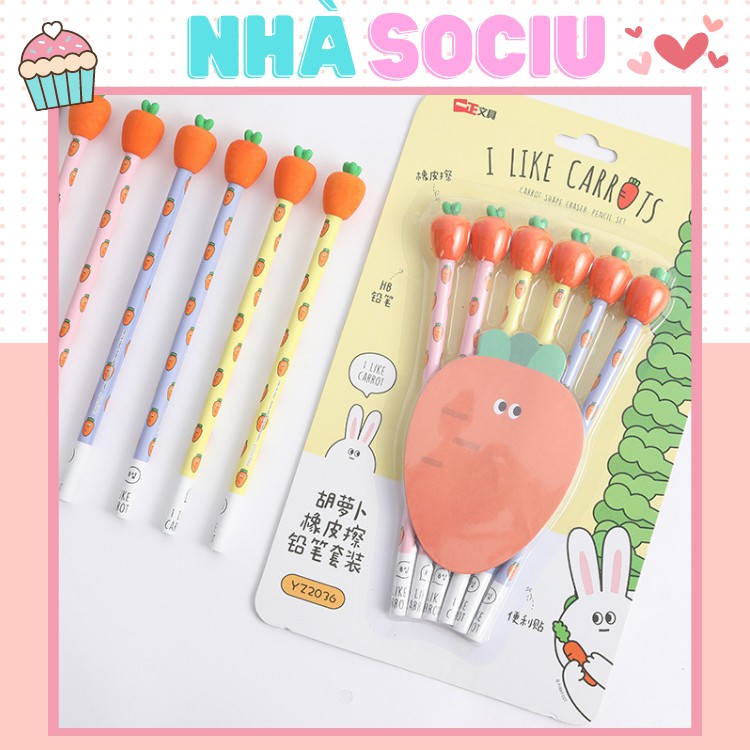 Bộ 6 cây bút chì cà rốt kèm gôm tẩy cho hoc sinh Sociu