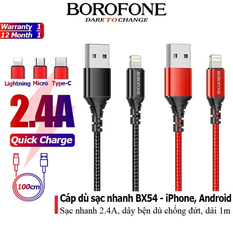 Dây cáp sạc nhanh BOROFONE bện dù 2.4A đầu Lightning, Micro, Type-C dây truyền tải dữ liệu dài 1m - Chính hãng