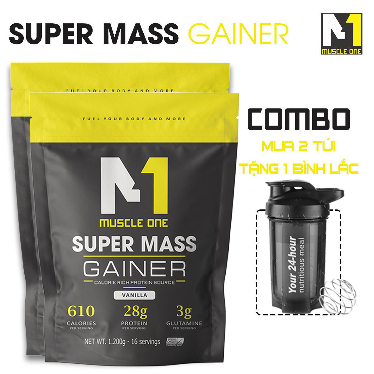   COMBO 2túi + Tặng Bình  Sữa Tăng Cân Tăng Cơ Super Mass Muscle One - Túi 1.2kg - Tăng Cân Nhanh  Freeship  