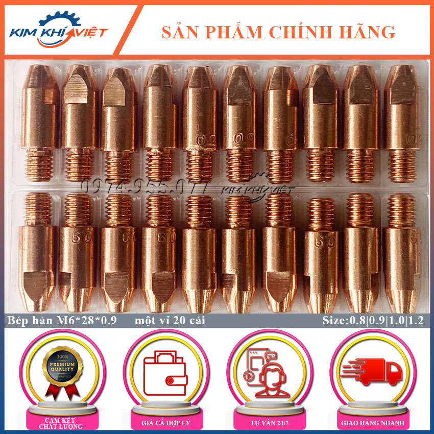 Combo 20 cái bép hàn m60.8|0.9|1.0|1.2. bép hàn m6*28 dùng với mỏ hàn mig 15ak, 24kd, mb/t200a. chất liệu đồng 100% chất lượng cao và bền khi hàn. đầu hàn m6×28 mập