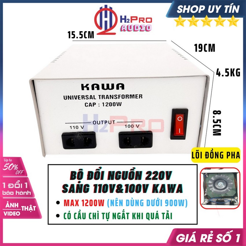 Đổi Nguồn 220V Sang 110V-100V 1200W Kawa Hoặc Đổi Ngược Nguồn 110V Sang 220V Cao Cấp-Dùng Cho Máy Dưới 900W-H2Pro Audio