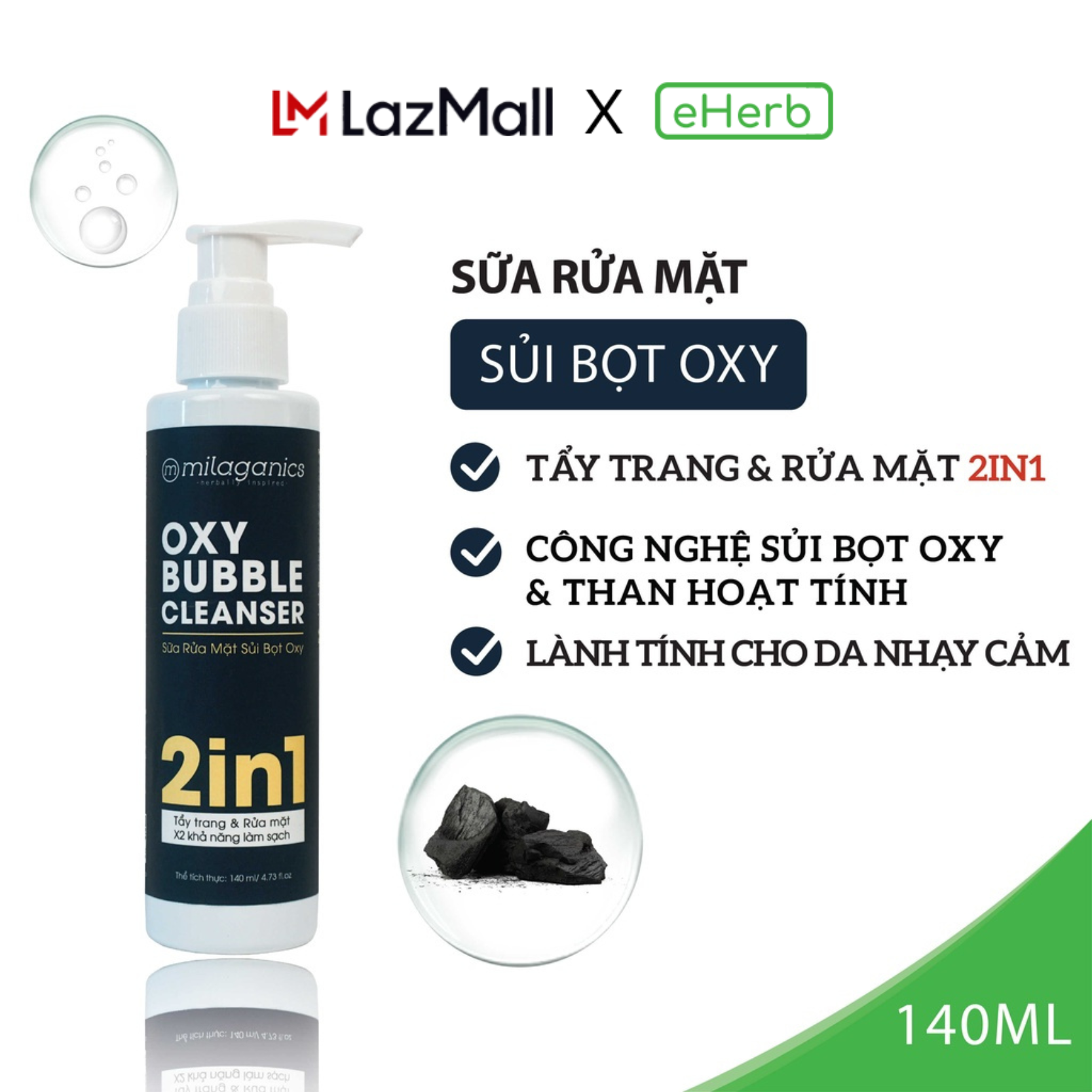 Sữa rửa mặt than hoạt tính tẩy trang 2in1 sủi bọt oxy dành cho da nhạy cảm eherb, sữa rửa mặt than hoạt tính milaganics 140ml