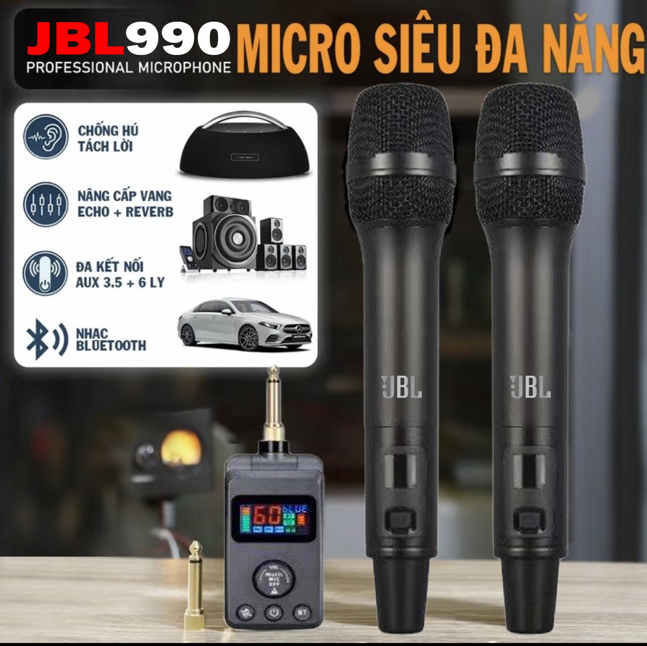 ( HÀNG CHÍNH HÃNG ) Micro Karaoke JBL 990 Đa Năng Không Dây - Micro Karaoke Không Dây Gia Đình , Cho Ôtô , Loa Kéo , Chống Hú ,Bluetooth 5.0 , Tích Hợp Vang Số Chỉnh Cơ Bass Treble , Echo Reverb -Chất Âm Cực Hay
