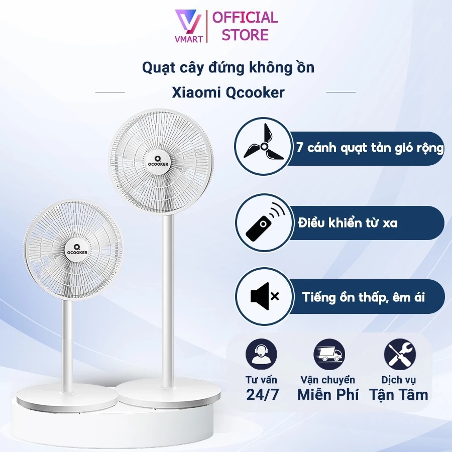 Quạt cây đứng Qcooker, Quạt điện 7 cánh có điều khiển từ xa THẾ HỆ MỚI,quạt không ồn tiết kiệm điện motor đạn bạc