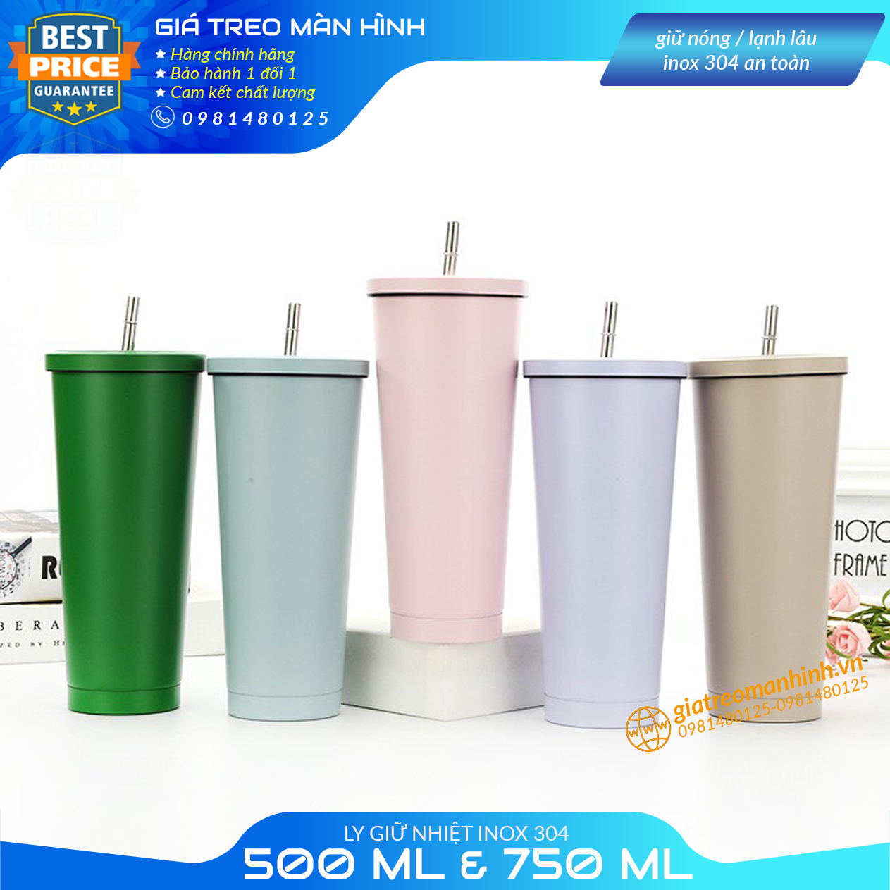 Ly Giữ Nhiệt 500ml , 750ml Có Ống Hút -INOX304 Cao Cấp - Giữ Nóng/Lạnh Nhiều Màu Lựa Chọn