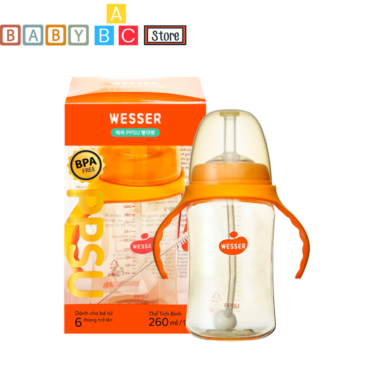 Bình Tập Uống Nước Cho Bé Wesser PPSU 260ml Mẫu Mới Bình Ống Hút Có Tay Cầm Nhựa PPSU Cao Cấp