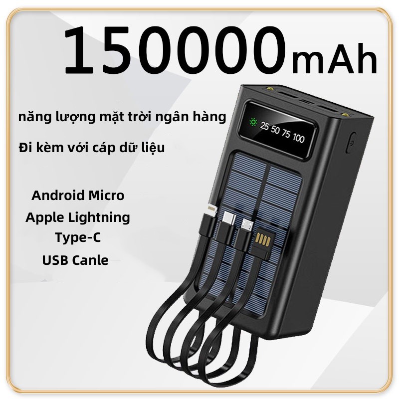 Pin năng lượng mặt trời dự phòng 150000mAh Tích hợp 4 cáp Ngân hàng điện Pin ngoài Đầu ra USB kép Chế độ chờ ngoài trời Đa mục đích Sạc dự phòng ngoài trời dung lượng lớn