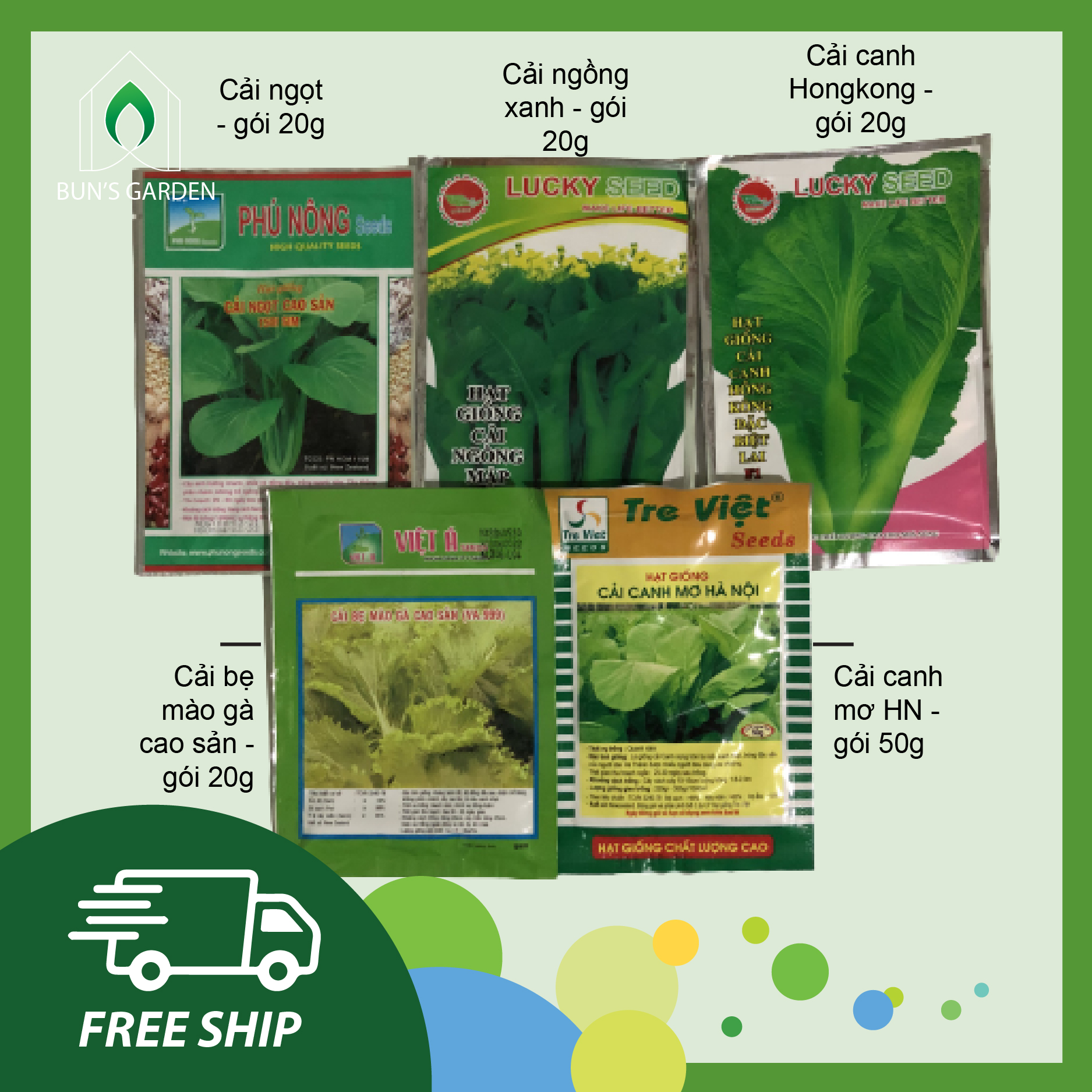 Combo hạt giống 5 loại rau cải - Combo 1 - cải ngọt, cải ngồng xanh, cải canh hongkong, cải bẹ mào gà, cải mơ Hà Nội - gói chính hãng y hình