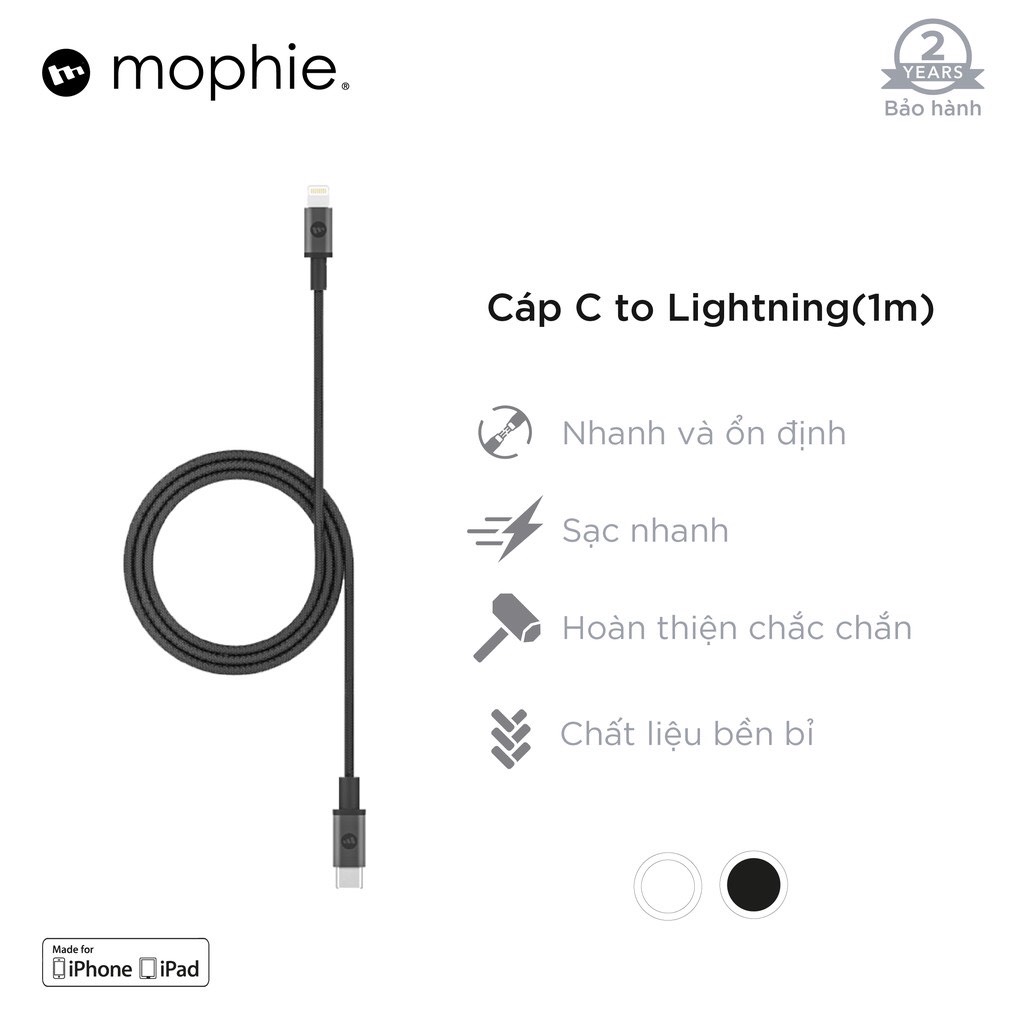 Cáp usb-c to lightning mophie 1m - đạt chuẩn mfi - sạc nhanh power delivery - hàng chính hãng - bảo hành 2 năm