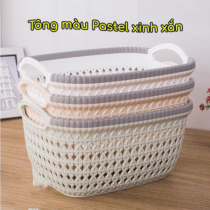 Rổ nhựa đan mây có quai cầm cỡ nhỏ Việt Nhật - Rổ nhựa chữ nhật có quai nhỏ đựng mỹ phẩm đồ gia dụng- Baohung store