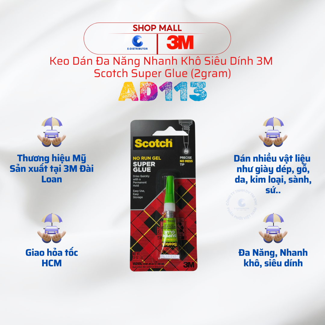 [HỎA TỐC] 3M Keo dán đa năng siêu dính Scotch Super AD113 - Trọng lượng 2gram - Chính hãng